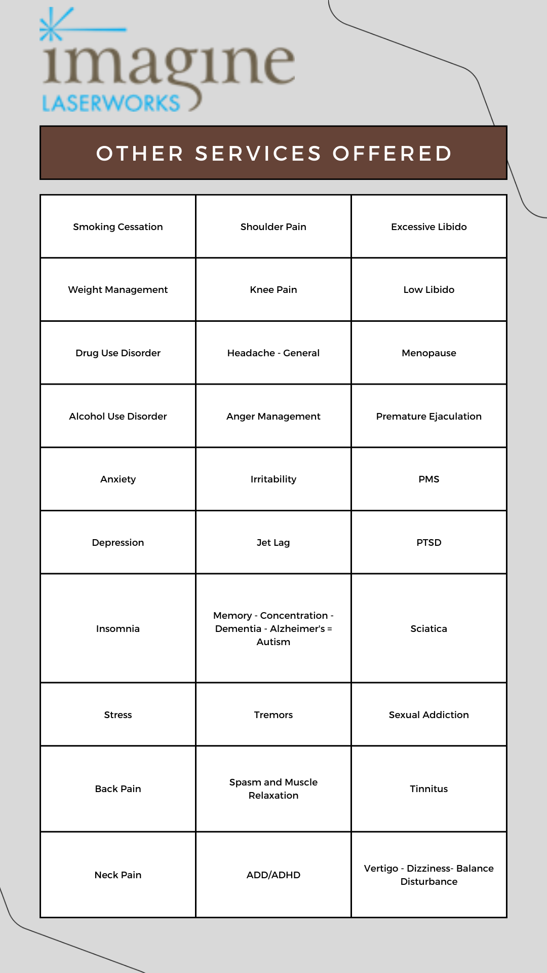 Additional Laser Therapy Services Anxiety Imagine Laserworks