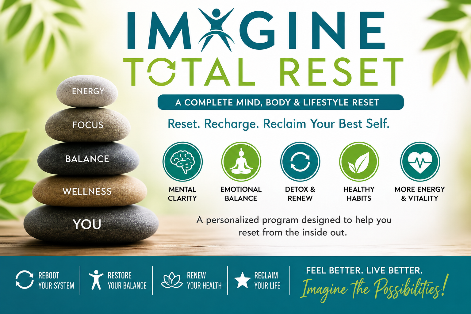 Imagine Total Reset wellness program advertisement by Imagine Laserworks featuring mind and body reset services for stress relief, emotional balance, mental clarity, energy, wellness, and lifestyle improvement.