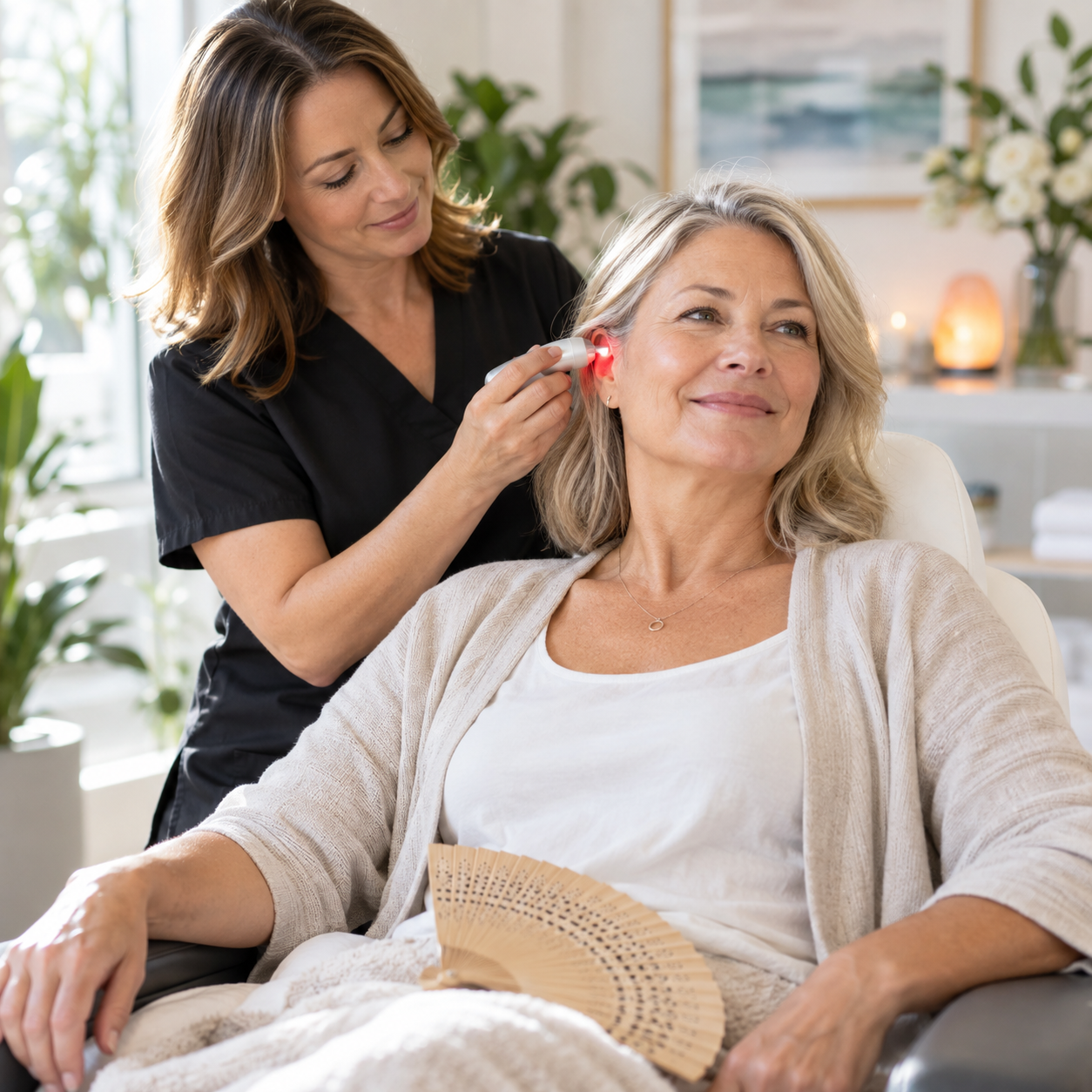 Woman receiving non-invasive light therapy during an Imagine Laserworks menopause wellness session