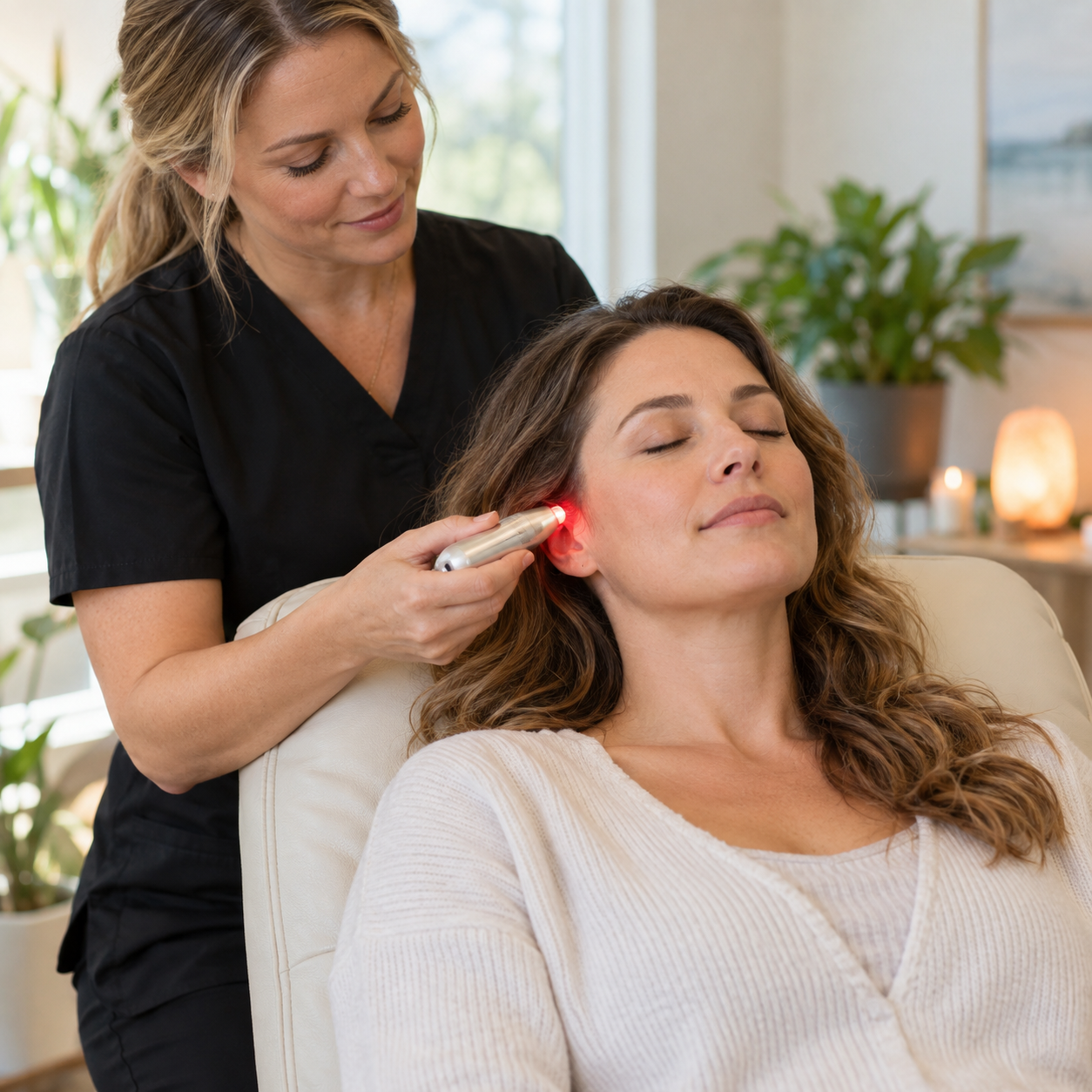 Client receiving non-invasive light therapy for anxiety and stress support at Imagine Laserworks
