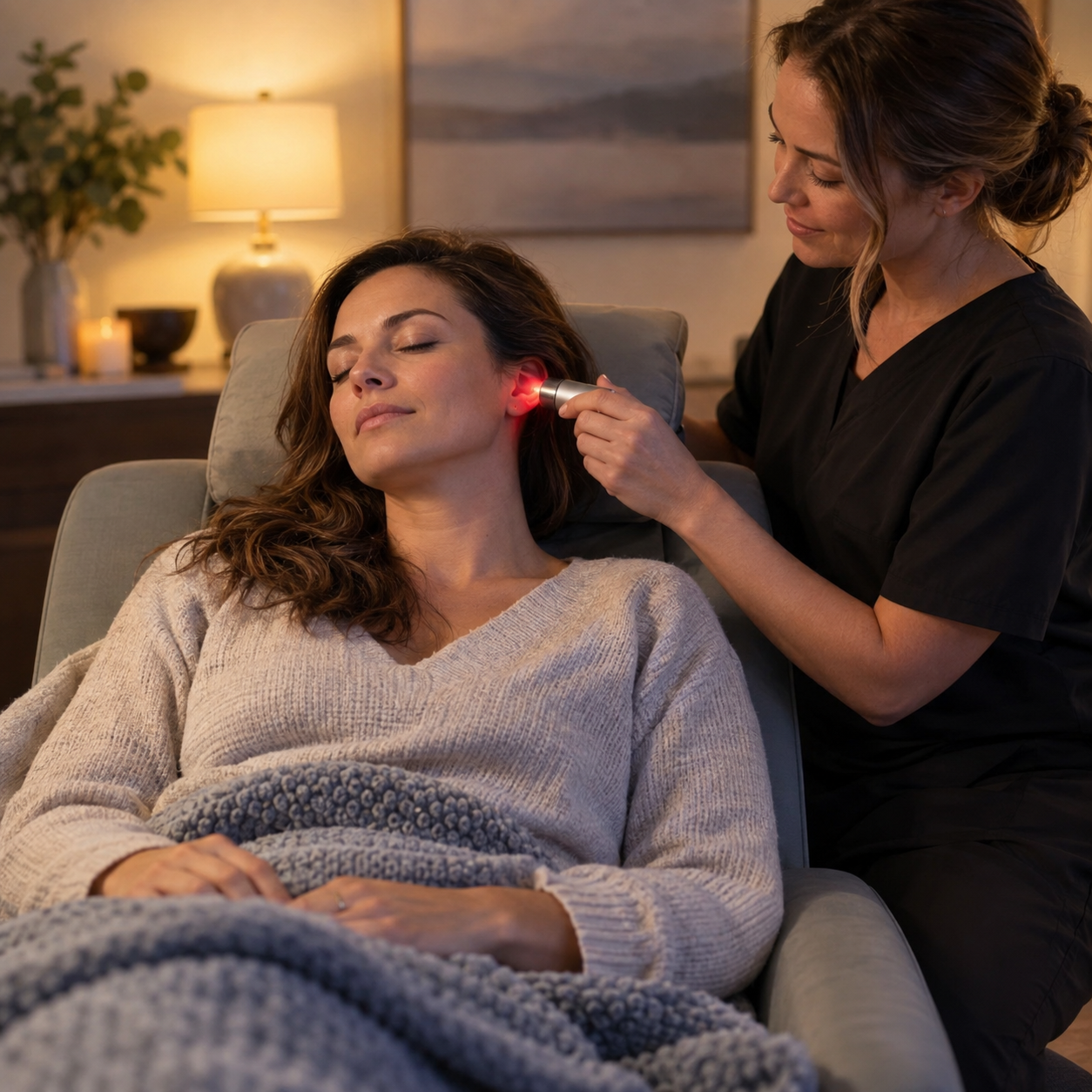 Client receiving non-invasive ear-point light therapy for sleep and insomnia support