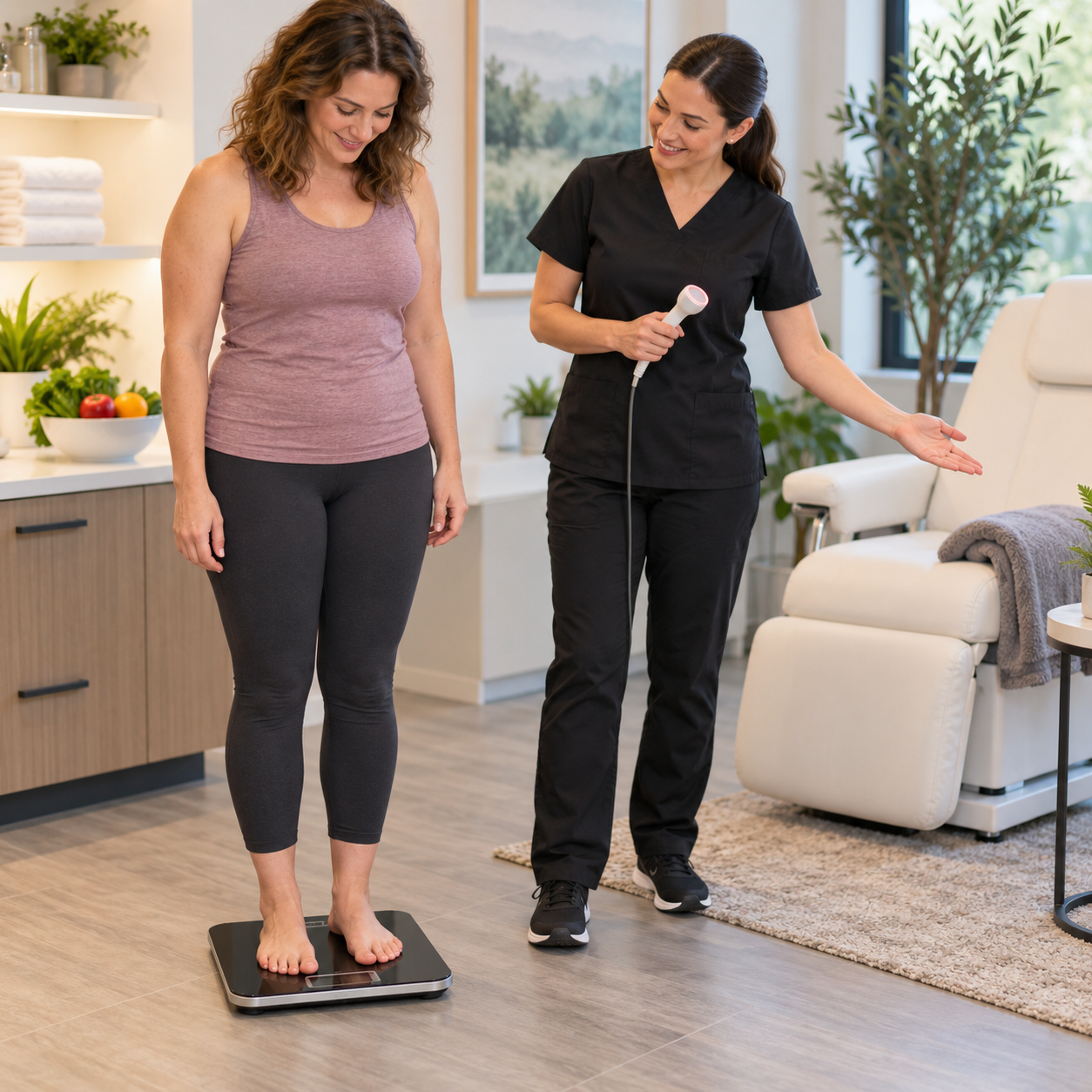 Weight loss and appetite control client standing on a scale with an Imagine Laserworks practitioner