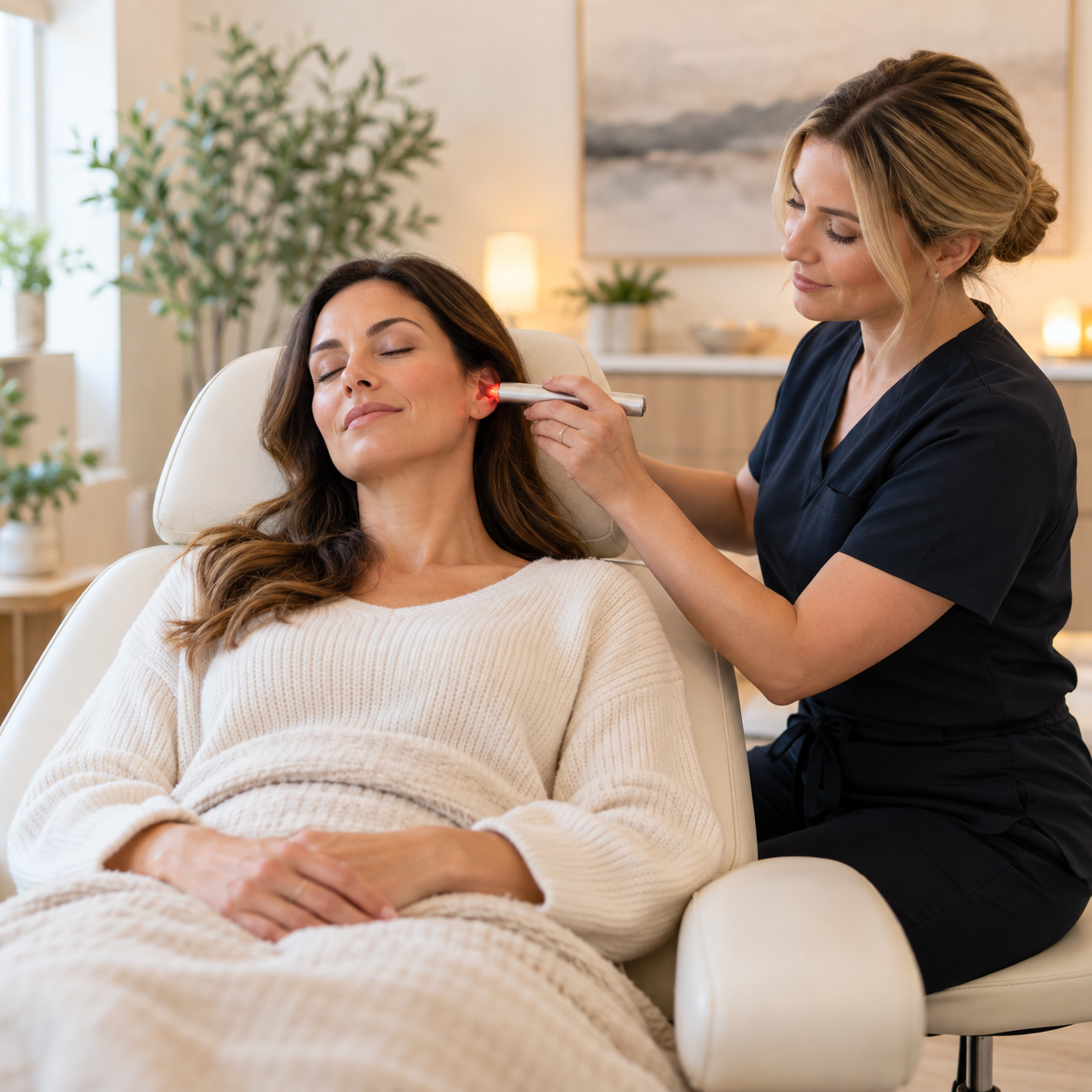Client receiving non-invasive stress support at Imagine Laserworks