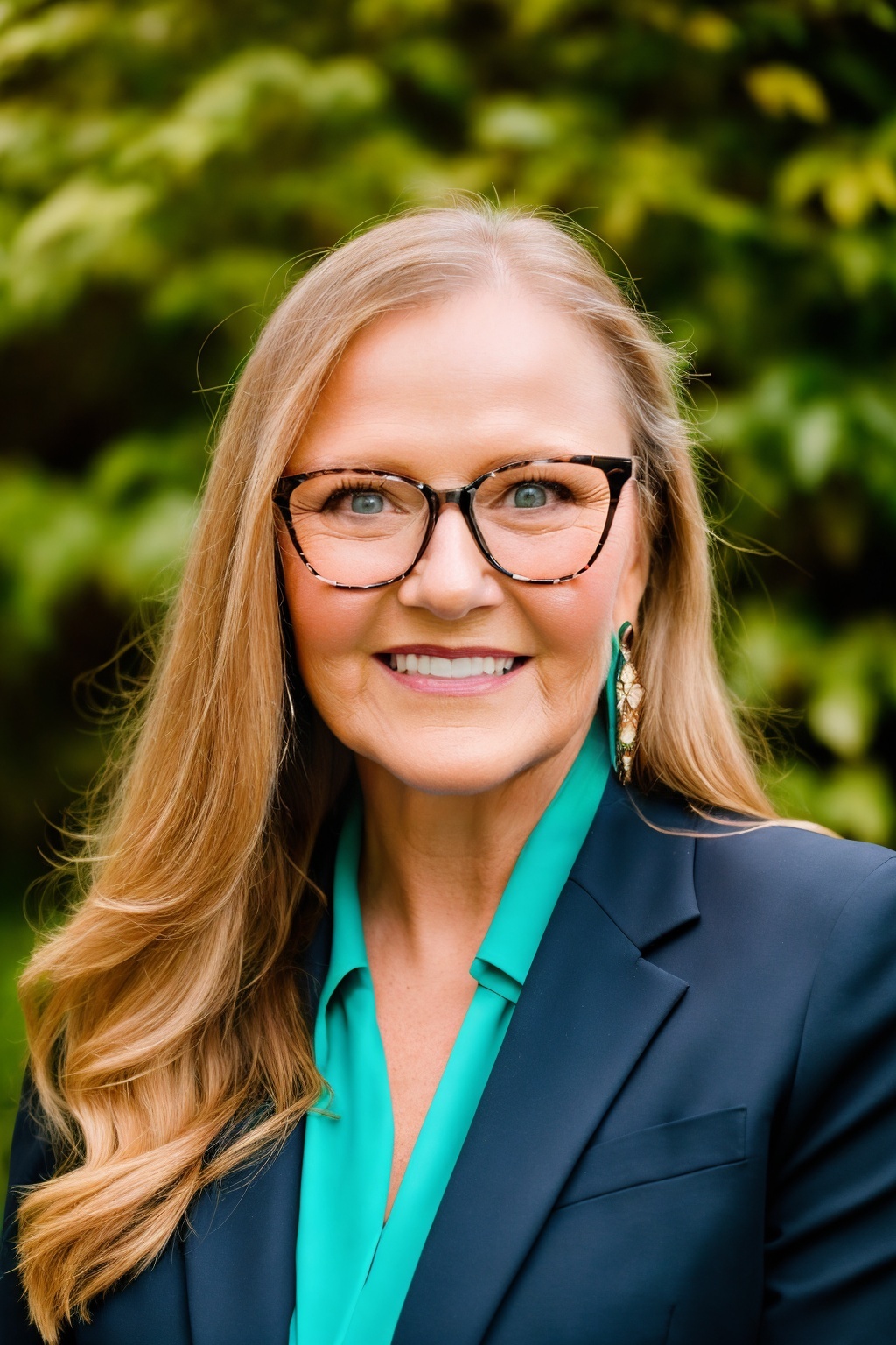 Victoria Johnson at Imagine Laserworks Nanaimo, smiling outdoors in glasses and a navy blazer.