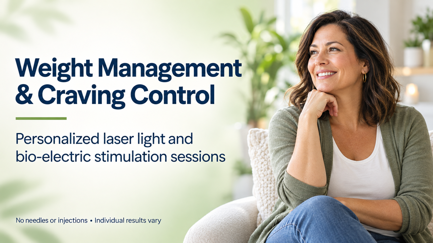 Weight Management and Craving Control banner featuring a woman seated in a bright room